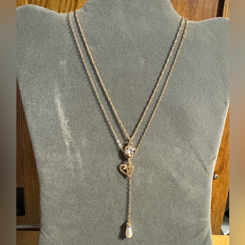 Gold tone, heart, faux pearl rhinestone statement, necklace